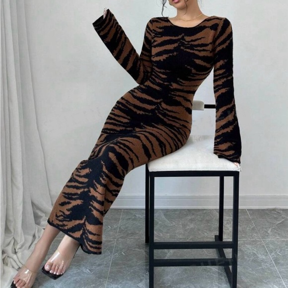 Luxe Zebra Print Long Sleeve Knit Sweater Dress - Picture 2 of 6